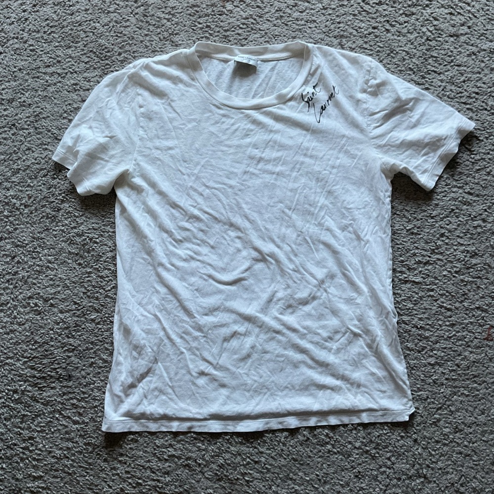 $295 Saint Laurent 2017 White Signature Script Tee Shirt size xs as is